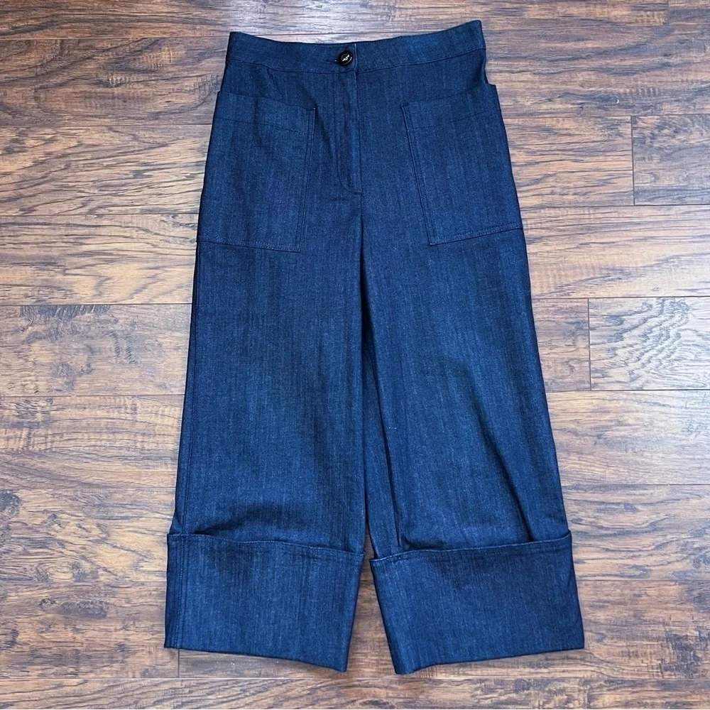Kate Spade • Cuffed Denim Pant jeans wide leg cropped high waist Dark Peacock